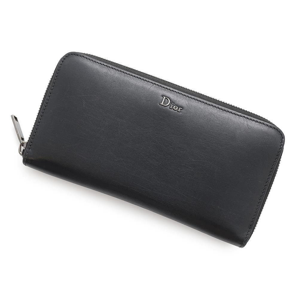Christian Dior Long Wallet Round Zipper Leather Black HOE